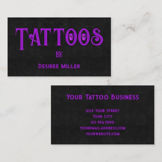 Tattoo Shop Girly Purple Black Skull Business Card Visitekaartje (Voorkant / Achterkant)