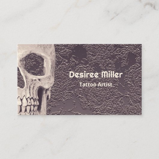 Tattoo Shop Gotische Schedel Wit Grijs Bloemen Visitekaartje (Voorkant)