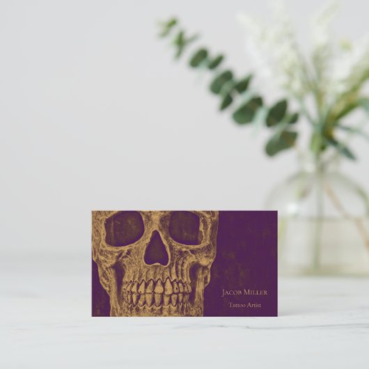 Tattoo Shop Gouden Paarse Gotische Schedelkop Visitekaartje (Staand voorkant)