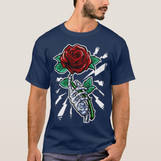 Tattoo Skelet Hand Red Rose Flower T-shirt