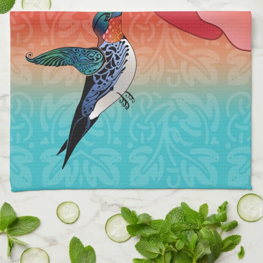 Tattoo stijl kolibrie en rode bloem ombre theedoek (Gevouwen)