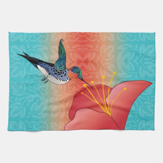 Tattoo stijl kolibrie en rode bloem ombre theedoek (Horizontaal)
