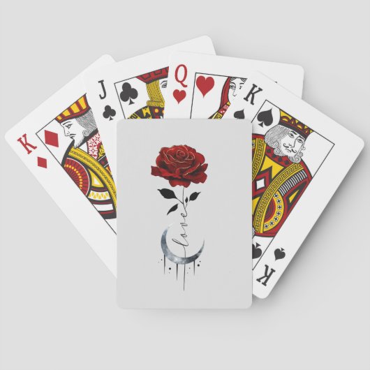 Tattoo-stijl rode roos en halve maan met "liefde" pokerkaarten (Achterkant)