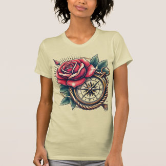 Tattoo-stijl Roos en kompas T-shirt ontwerp