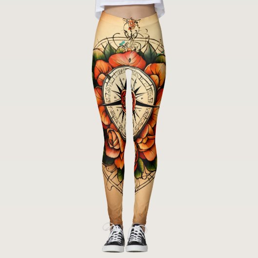 Tattoo stijl roos kompas mooie evoking spirit leggings (Voorkant)