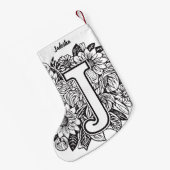Tattoo-stijl zwart-wit monogram inktbloemen kleine kerstsok (Achterkant (Hangend))