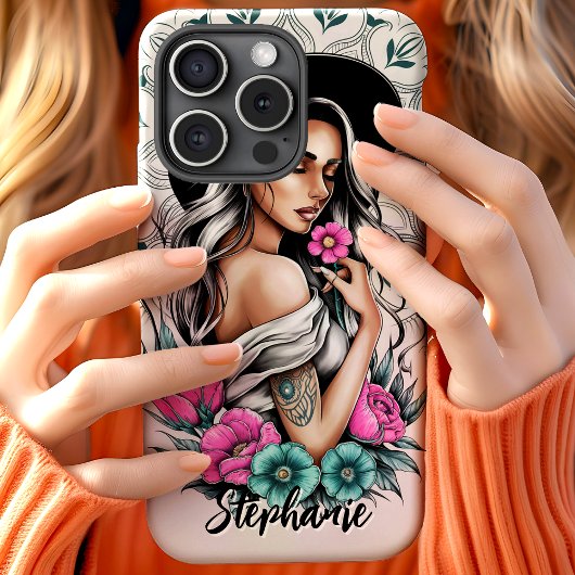 Tattoo Style Boho Vrouw met Neon Flowers Custom Case-Mate iPhone Case