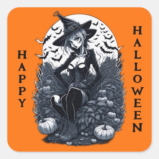 Tattoo Style Moonlit Witch Pumpkin Patch Vierkante Sticker (Voorkant)