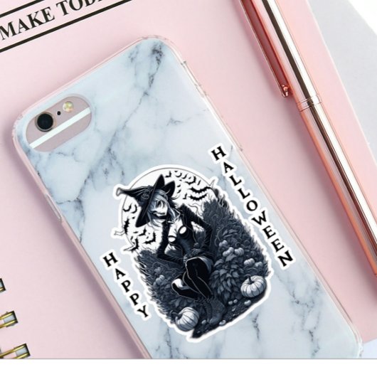 Tattoo Style Moonlit Witch Pumpkin Patch Vinyl Sticker