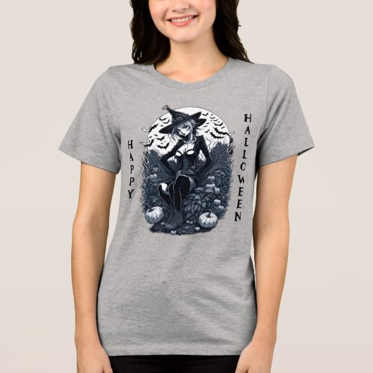Tattoo Style Moonlit Witch Pumpkin Tri-Blend Shirt (Voorkant)