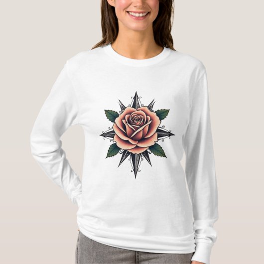 Tattoo Style Rose Compass T-Shirt Design (Voorkant)