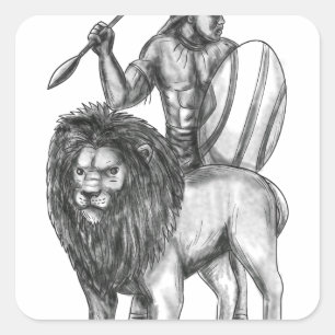 Tattoo van Afrikaanse Warrior Spear Lion Vierkante Sticker