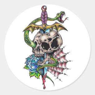 Tattoo van de schedel en Dagger Ronde Sticker