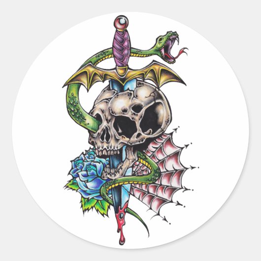 Tattoo van de schedel en Dagger Ronde Sticker (Voorkant)