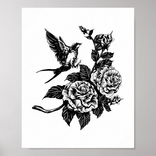 Tattoo van vogel en rozen poster (Voorkant)