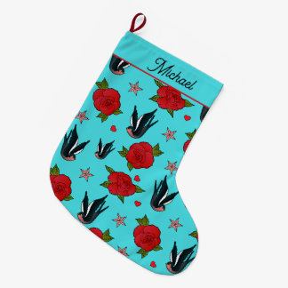 Tattoo Vogels en Rozen Rockabilly Patroon Grote Kerstsok