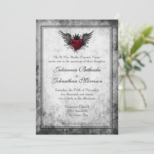 Tattoo Winged Heart Wedding Uitnodiging (Staand voorkant)