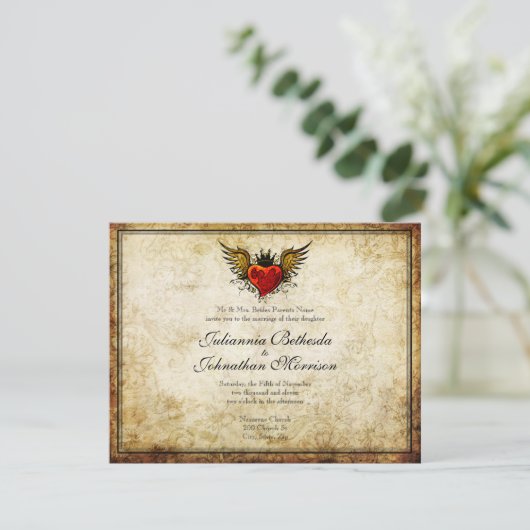 Tattoo Winged Heart Wedding Uitnodiging (Staand voorkant)