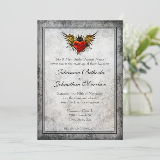  Tattoo Winged Heart Wedding Uitnodiging (Staand voorkant)
