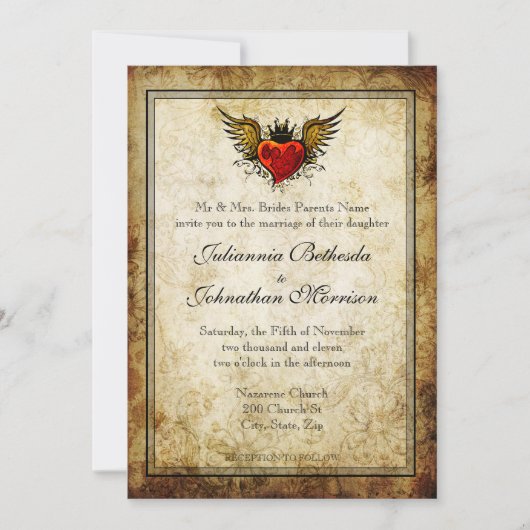  Tattoo Winged Heart Wedding Uitnodiging (Voorkant)