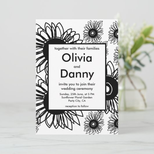 Tattoo Zonnebloem Bloemen Zwart Wit Tattoo Bruilof Kaart (Staand voorkant)