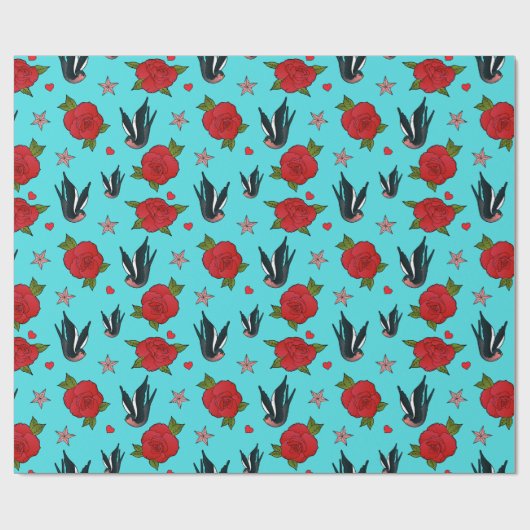 Tattoo zwaluwen en Rozen Rockabilly Verjaardag Cadeaupapier (Vlak)