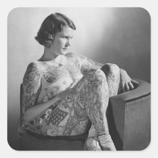Tattooed Sailor Girl  B&W foto Vierkante Sticker (Voorkant)