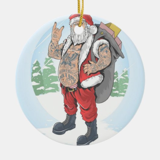 TATTOOED SANTA CLAUS VOERT EEN GIFT BAG KERAMISCH ORNAMENT (Voorkant)