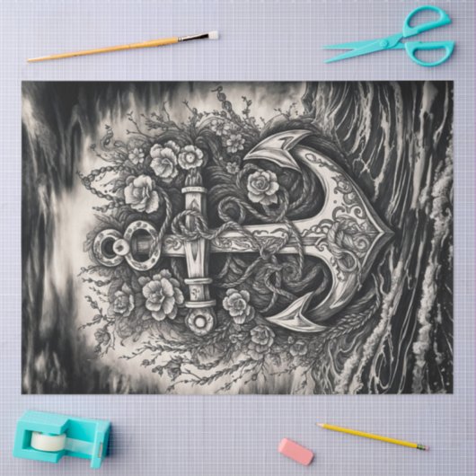  Tattoos anker - zwart-wit decoupage Tissuepapier (Craft)
