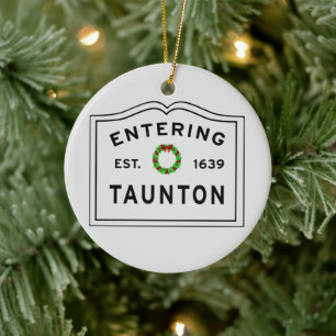 Taunton, MA Holiday Wreated Ceramic Ornament