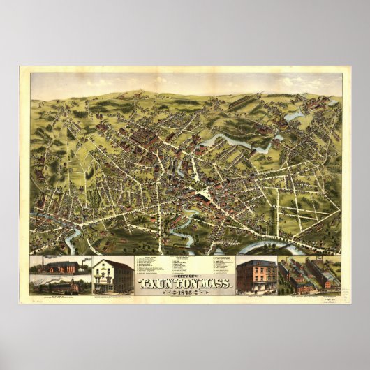 Taunton Massachusetts 1875 Antiek Panorama Poster (Voorkant)