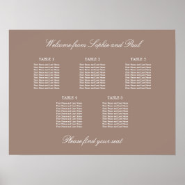 Taupe 5 Tafel Bruiloft Zitplaatskaart Poster