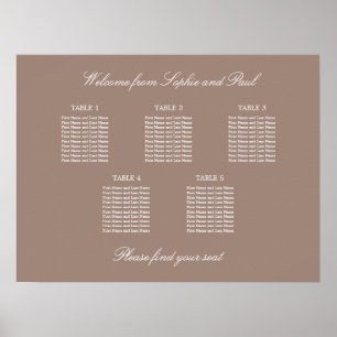 Taupe 5 Tafel Bruiloft Zitplaatskaart Poster