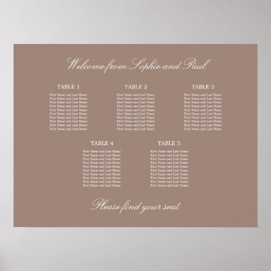 Taupe 5 Tafel Bruiloft Zitplaatskaart Poster (Voorkant)