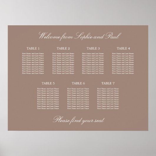 Taupe 7 Tafel Bruiloft Zitplaatskaart Poster (Voorkant)