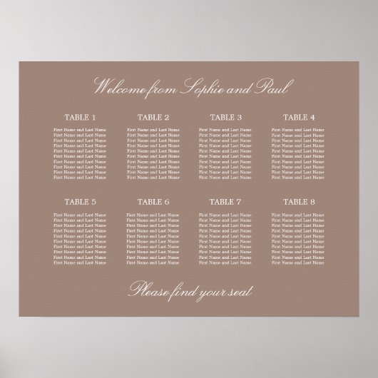Taupe 8 Tafel Bruiloft Zitplaats Chart Poster (Voorkant)