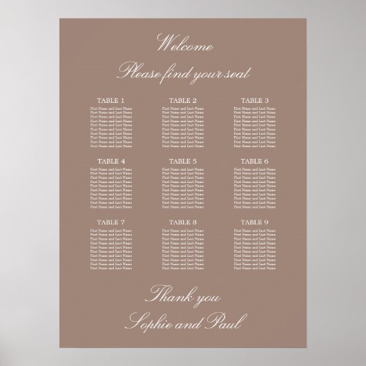 Taupe 9 Tafel Trouw Stoelenindeling Poster (Voorkant)