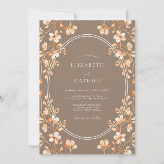 Taupe Abrikozen Tak Eucalyptus Bruiloft Kaart (Voorkant)