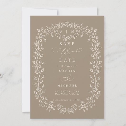 Taupe and Beige Floral Line Art  Save The Date (Voorkant)