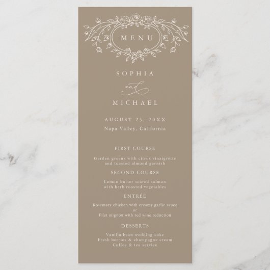 Taupe and Beige Floral Line Art Wedding Flat  Menu (Voorkant)