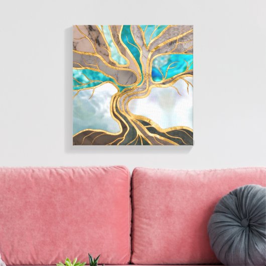 Taupe and teal Marble Tree of life Canvas Afdruk (Insitu (Woonkamer))