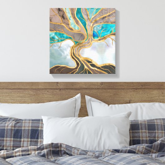 Taupe and teal Marble Tree of life Canvas Afdruk (Insitu (Slaapkamer))