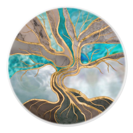 Taupe and teal Marble Tree of life Keramische Knop (Voorkant)
