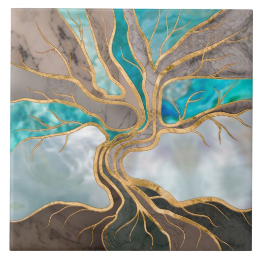 Taupe and teal Marble Tree of life Tegeltje (Voorkant)