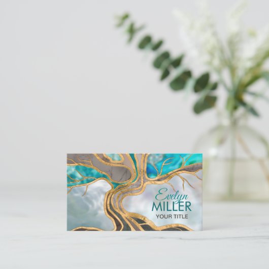 Taupe and teal Marble Tree of life Visitekaartje (Staand voorkant)