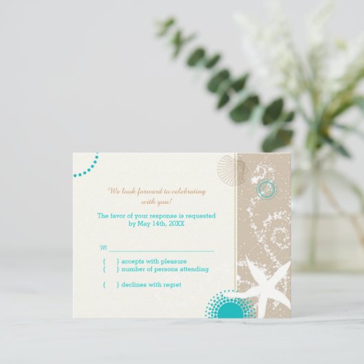 Taupe Aqua Beach Bruiloft viering RSVP Uitnodiging Briefkaart (Staand voorkant)
