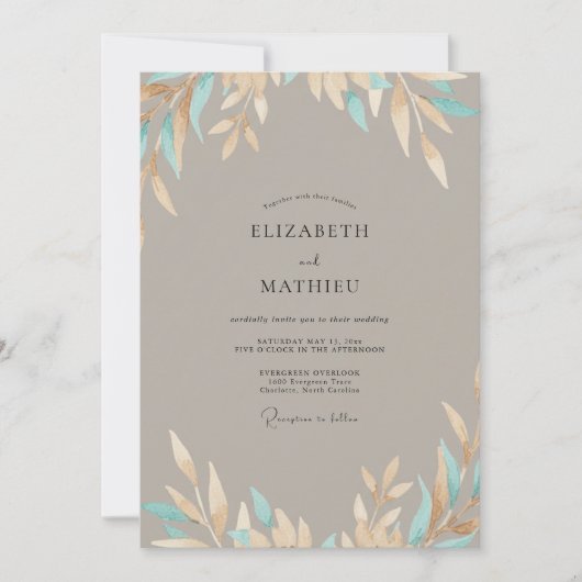 Taupe Aqua Blad Bruiloft Kaart (Voorkant)