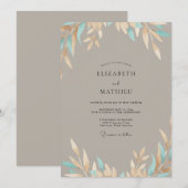 Taupe Aqua Blad Bruiloft Kaart (Voorkant / Achterkant)