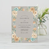 Taupe Aqua Bloem Bruiloft Kaart (Staand voorkant)