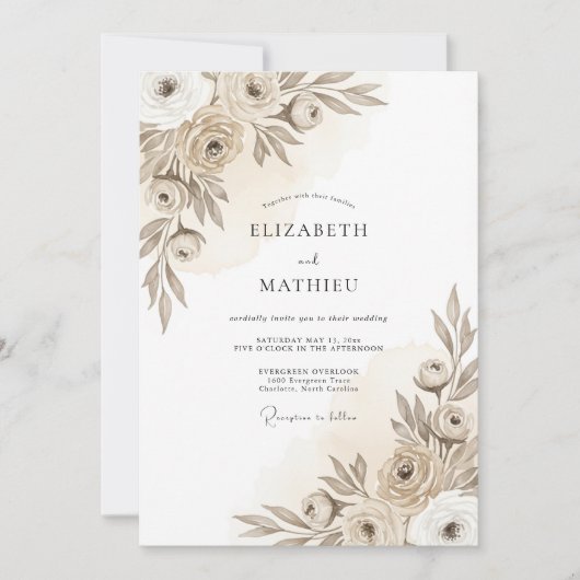 Taupe Artistic Floral Romance Wedding Kaart (Voorkant)